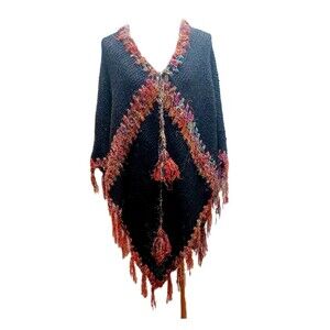 Handmade Artsy 100% Wool Black Poncho With Multicolor Fringe One Size